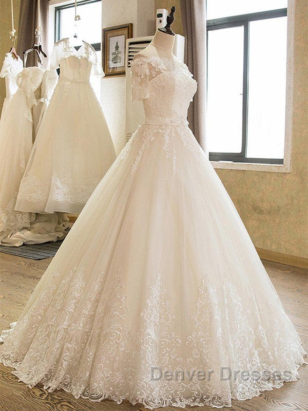 Floor Length Applique Ball Gown Off the Shoulder Lace Tulle 1/2 Sleeves Wedding Dress