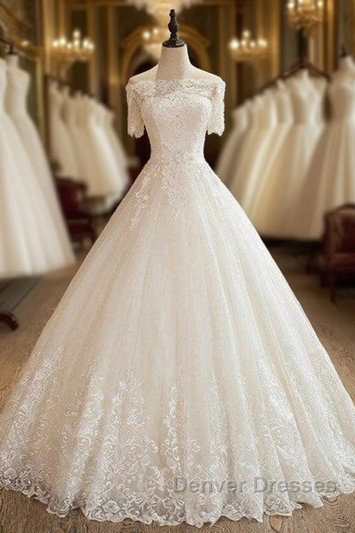 Floor Length Applique Ball Gown Off the Shoulder Lace Tulle 1/2 Sleeves Wedding Dress Main image