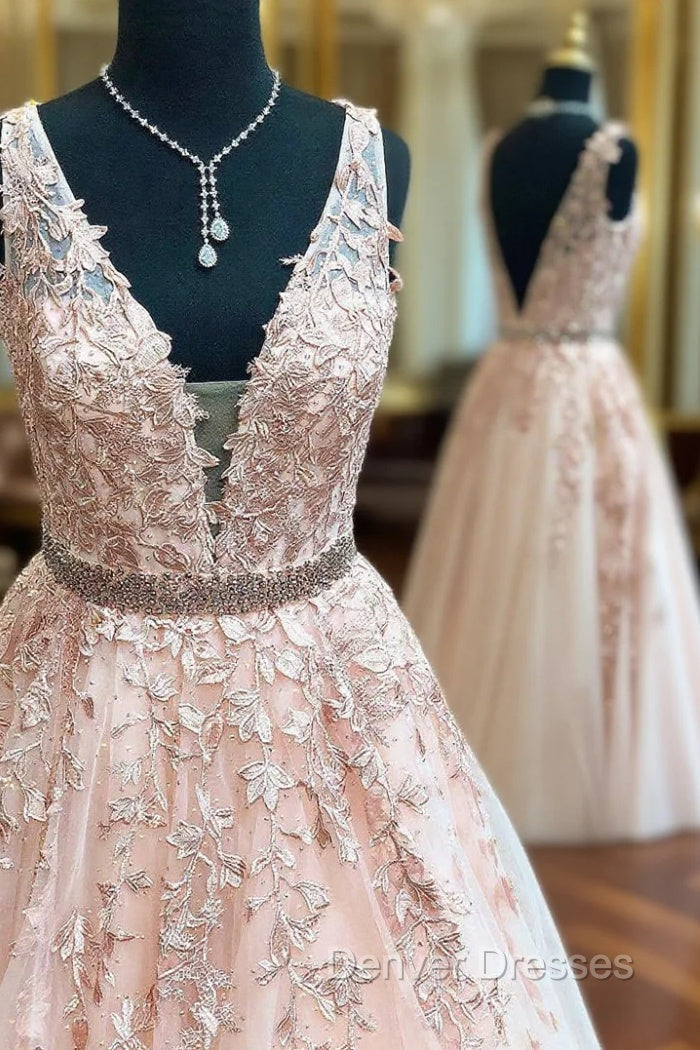 Floor Length Blush Pink Prom Dress With Lace Appliques Main image