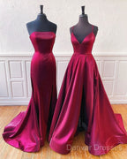 Floor Length Long Satin Burgundy Prom Dress With Split