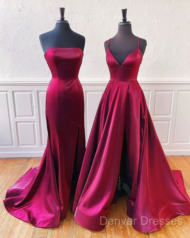 Floor Length Long Satin Burgundy Prom Dress With Split
