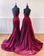Floor Length Long Satin Burgundy Prom Dress With Split