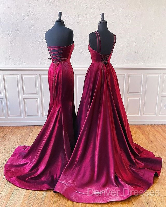 Floor Length Long Satin Burgundy Prom Dress With Split