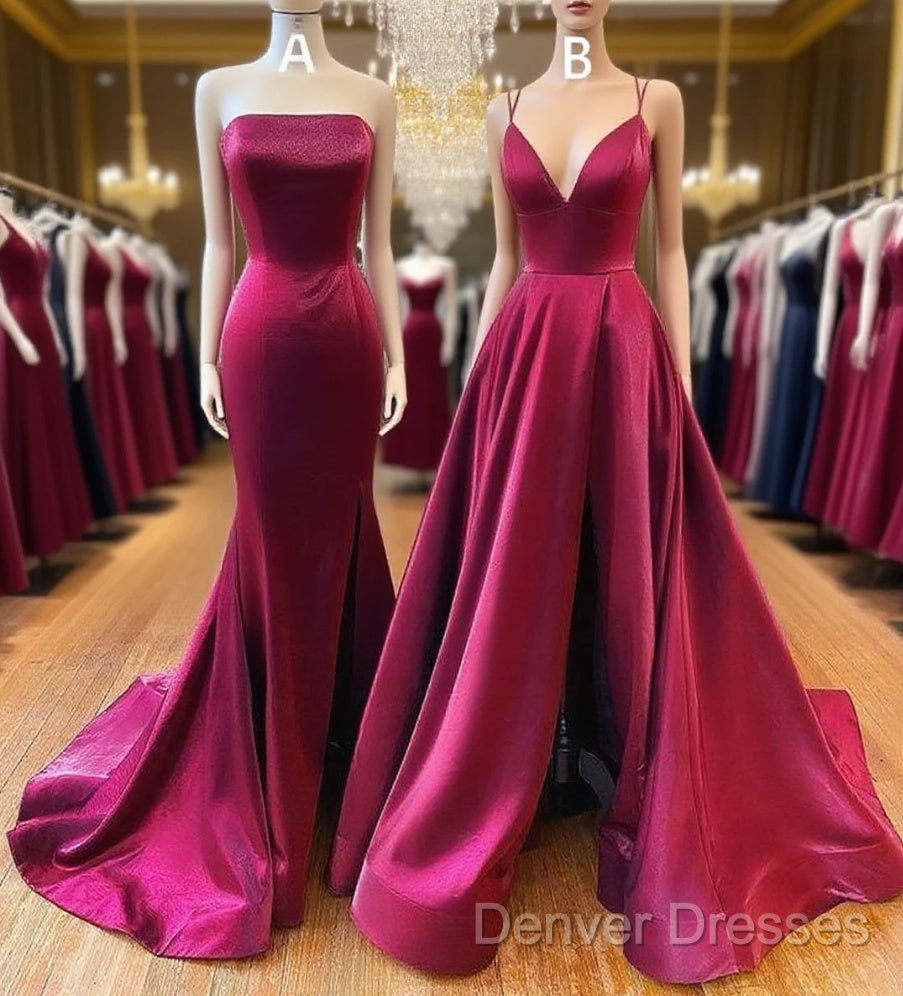 Floor Length Long Satin Burgundy Prom Dress With Split Main image