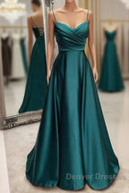 Floor-Length Satin Green Prom Dress A-Line  With Pleated