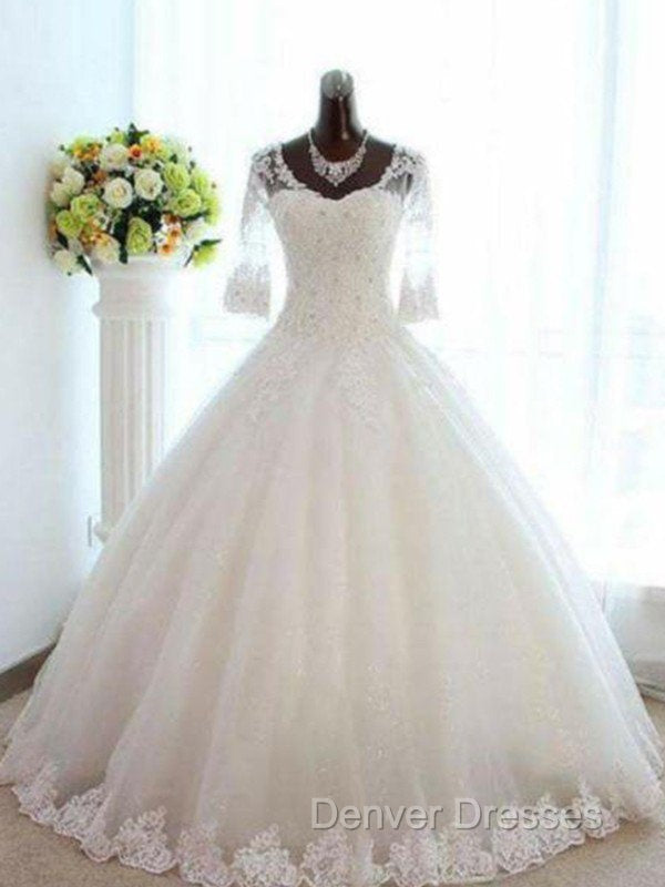 Floor Length Tulle Ball Gown Beading V neck 3/4 Sleeves Bateau Wedding Dress Secondary image