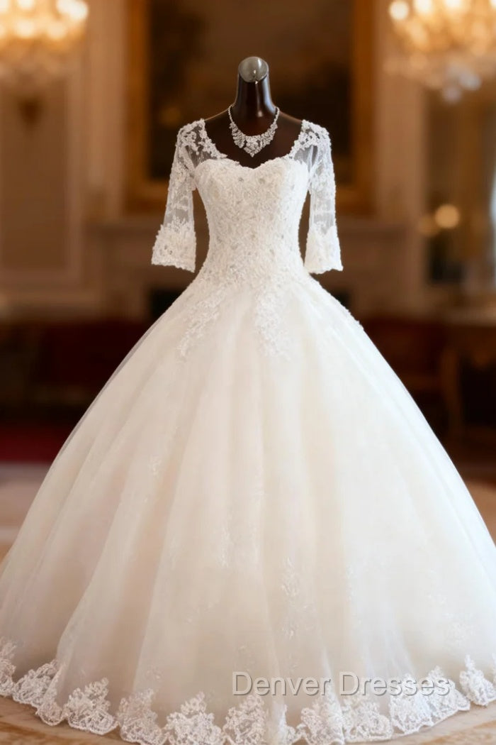 Floor Length Tulle Ball Gown Beading V neck 3/4 Sleeves Bateau Wedding Dress Main image