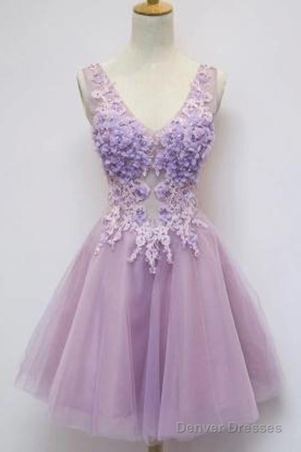 Floral A-Line V-Neck Knee Length Tulle Homecoming Dress With Appliques Main image
