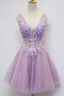 Floral A-Line V-Neck Knee Length Tulle Homecoming Dress With Appliques