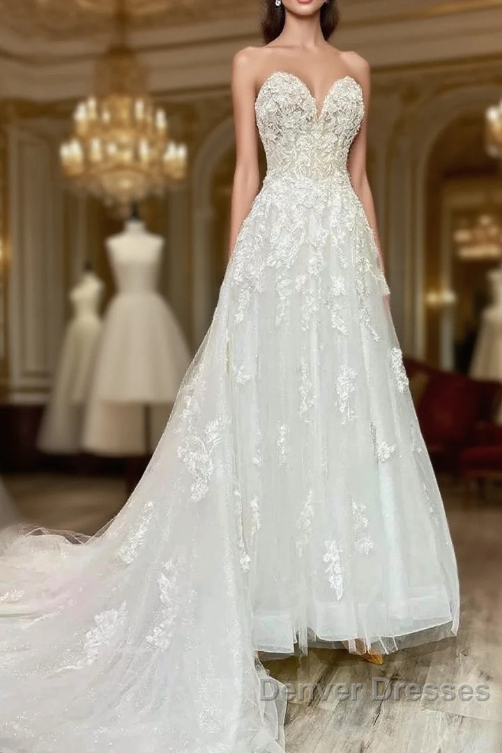 Floral Applique Sweetheart Long Wedding Dress With Sweeping Train Main image