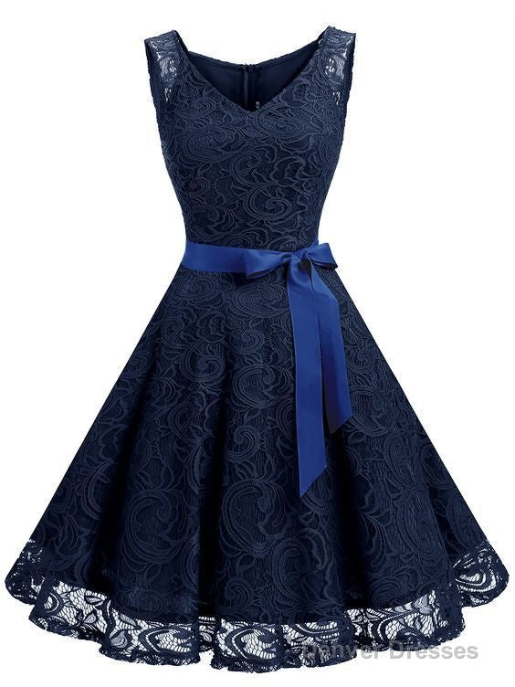 Floral Lace Belted Party Swing Dress V Neck Sleeveless Homecoming Dress Main image