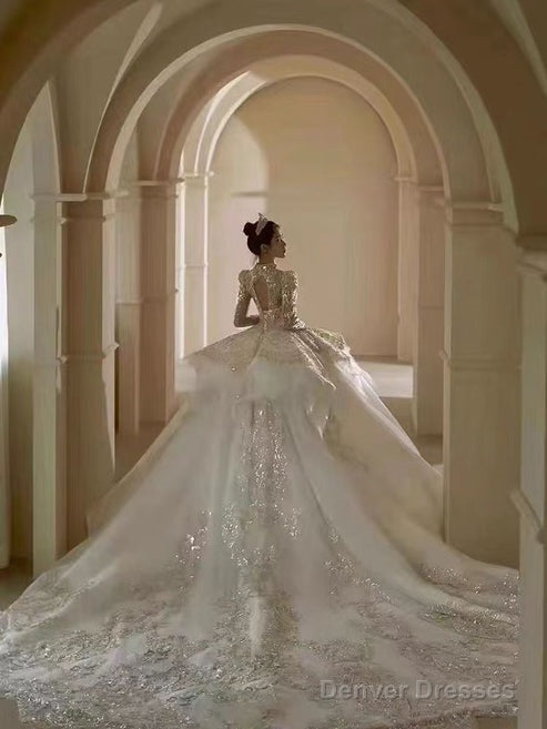 Floral Lace Off-Shoulder Fit And Flare Wedding Dress Long Sleeve Sparkly Elegant Secondary image