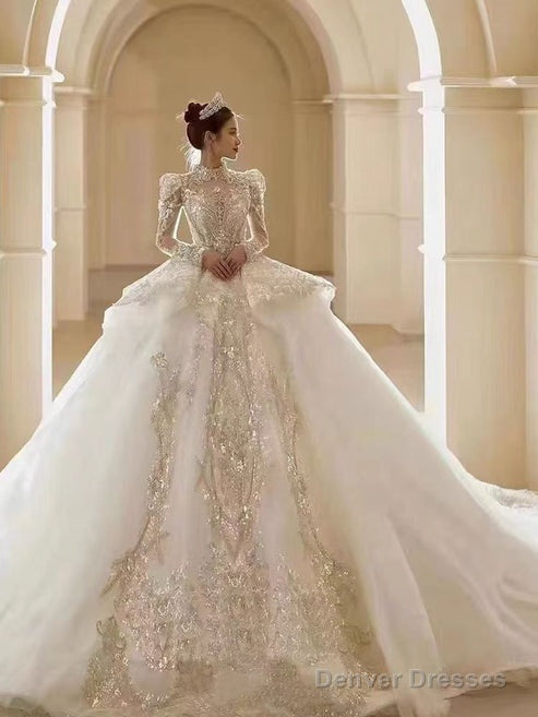 Floral Lace Off-Shoulder Fit And Flare Wedding Dress Long Sleeve Sparkly Elegant