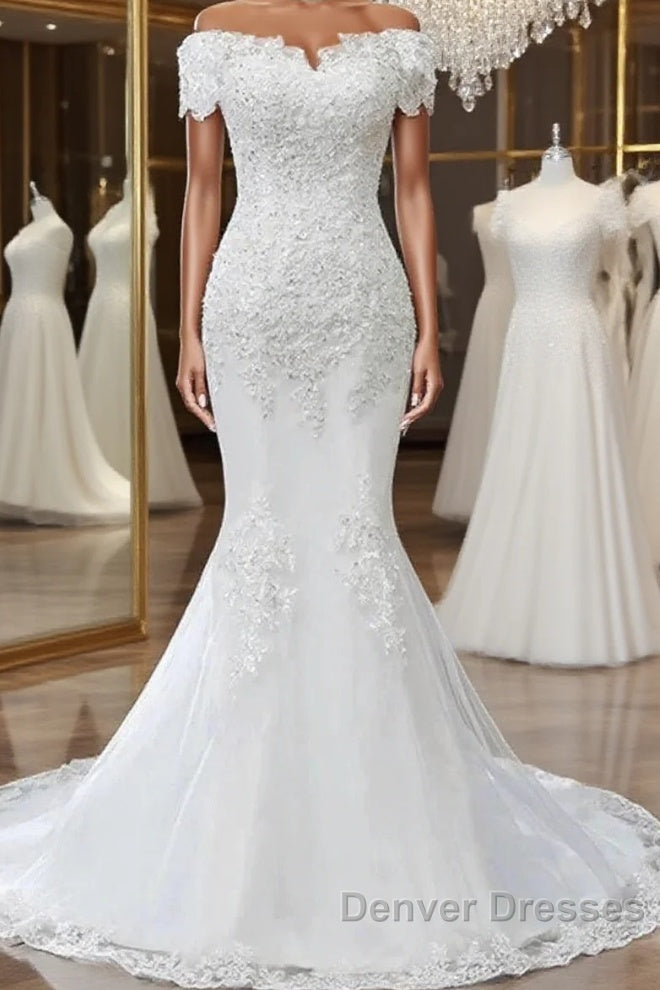 Floral Lace Off-The-Shoulder Trumpet Wedding Dress Main image