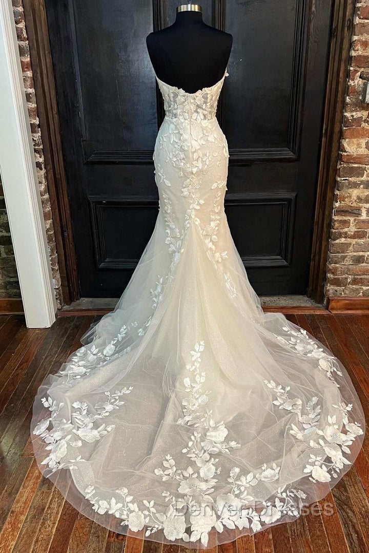 Floral Lace Strapless Mermaid Long Bridal Gown Wedding Dress Off Shoulder