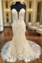 Floral Lace Strapless Mermaid Long Bridal Gown Wedding Dress Off Shoulder