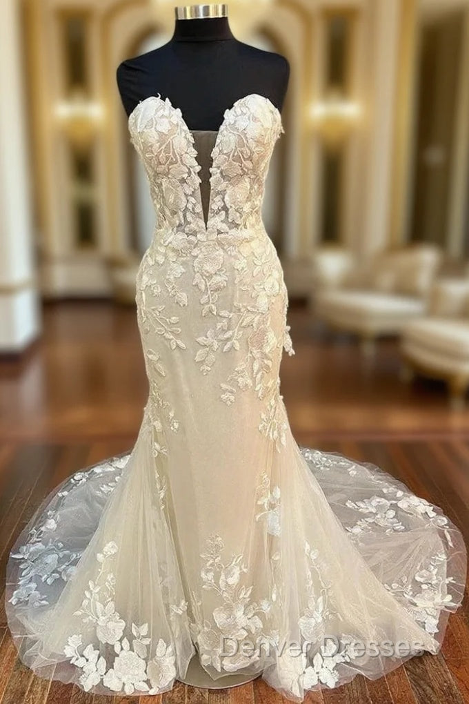 Floral Lace Strapless Mermaid Long Bridal Gown Wedding Dress Off Shoulder