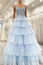 Floral Lace V-Neck Multi-Tiered A-Line Prom Dress