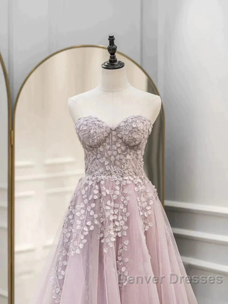 Floral Strapless Pink Lace Appliques Long Prom Dress Secondary image