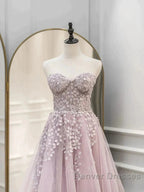 Floral Strapless Pink Lace Appliques Long Prom Dress
