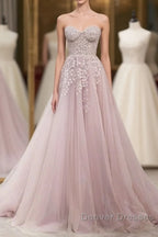 Floral Strapless Pink Lace Appliques Long Prom Dress