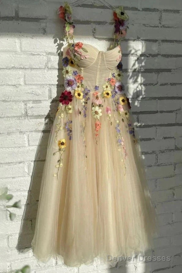 Floral Sweetheart Tulle A Line Champagne Prom Dress Main image
