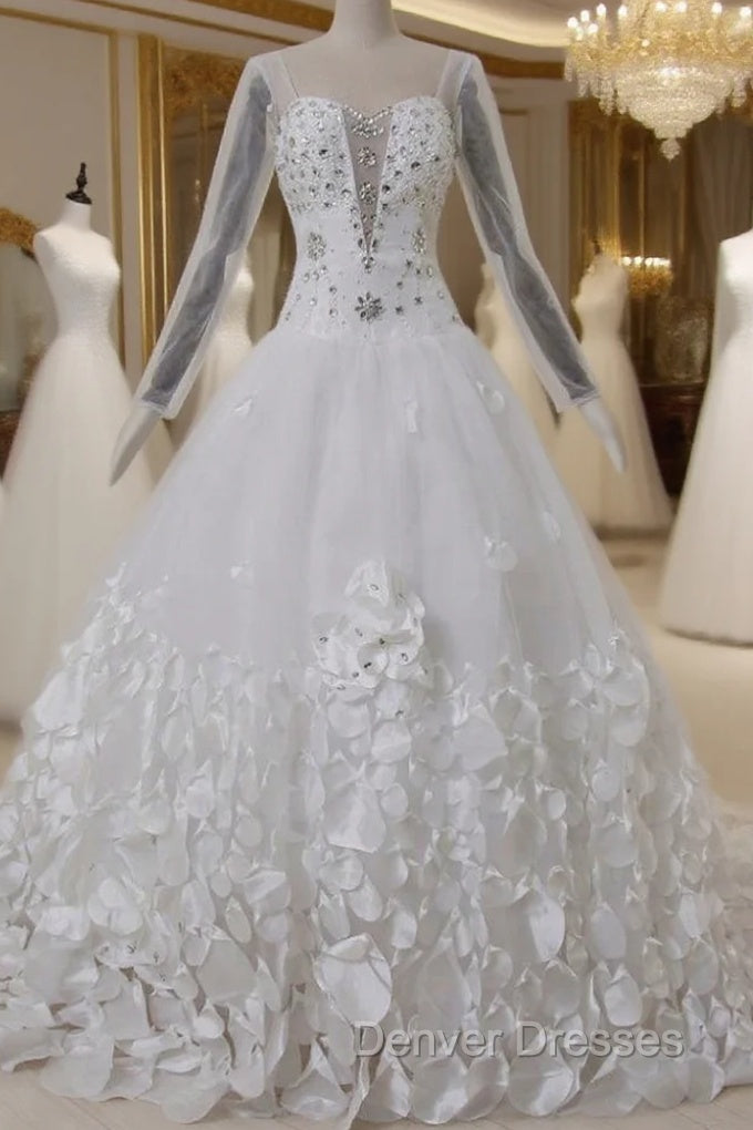 Flower Crystal Petals Train Long Leeves Backless Wedding Dress