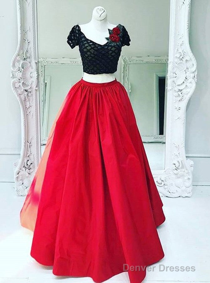 Flower Short Sleeves Two Piece V-Neck Red Taffeta Prom Dress Main image