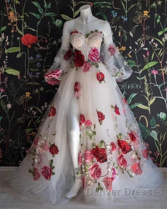 Flowers Appliques Princess A Line Champagne Prom Dress With Slit