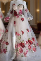 Flowers Appliques Princess A Line Champagne Prom Dress With Slit