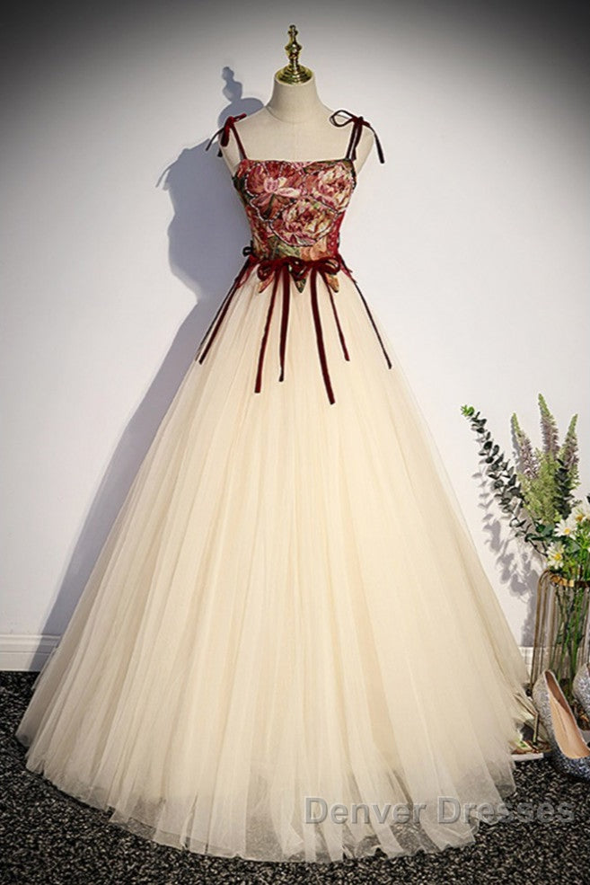 Flowers Champagne Long Tulle Prom Dress with Straps Secondary image
