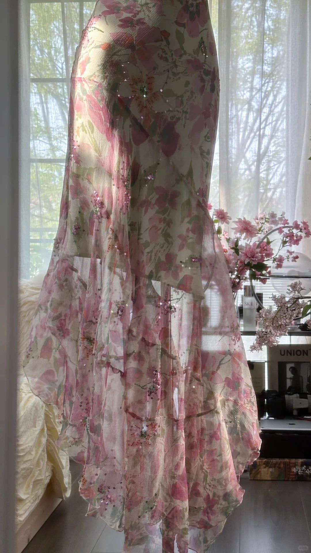 Flowing Chiffon Sequin Print Pink Irregular Skirt Prom Dress