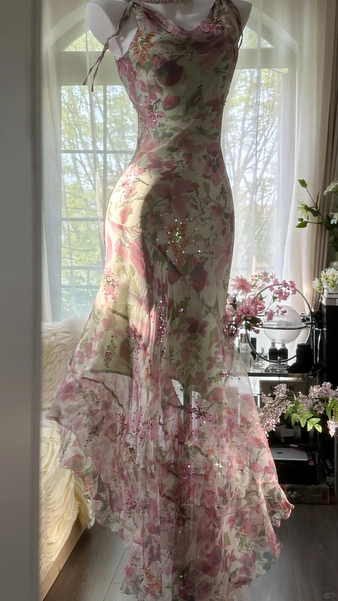 Flowing Chiffon Sequin Print Pink Irregular Skirt Prom Dress Main image