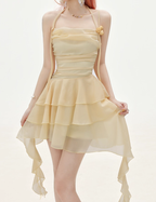 Flowy A Line Halter Layered Yellow Chiffon Open Back Short Homecoming Dress Cocktail Dress