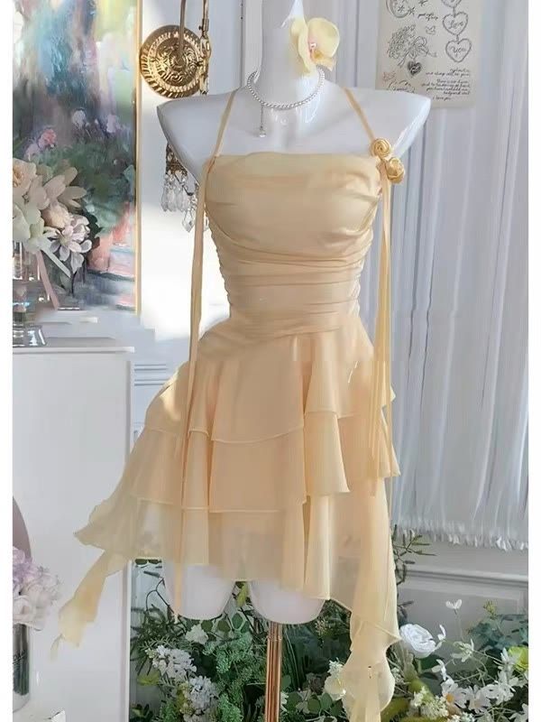 Flowy A Line Halter Layered Yellow Chiffon Open Back Short Homecoming Dress Cocktail Dress