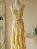 Flowy Strapless Yellow Beaded Jellyfish Skirt Chiffon Prom Dress
