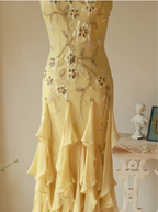 Flowy Strapless Yellow Beaded Jellyfish Skirt Chiffon Prom Dress