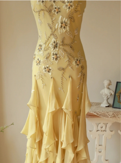 Flowy Strapless Yellow Beaded Jellyfish Skirt Chiffon Prom Dress