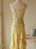 Flowy Strapless Yellow Beaded Jellyfish Skirt Chiffon Prom Dress