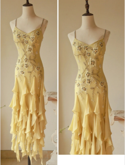 Flowy Strapless Yellow Beaded Jellyfish Skirt Chiffon Prom Dress