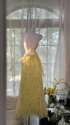 Flowy Yellow Spaghetti Strap Chiffon Beaded Mermaid Evening Gown Prom Dress