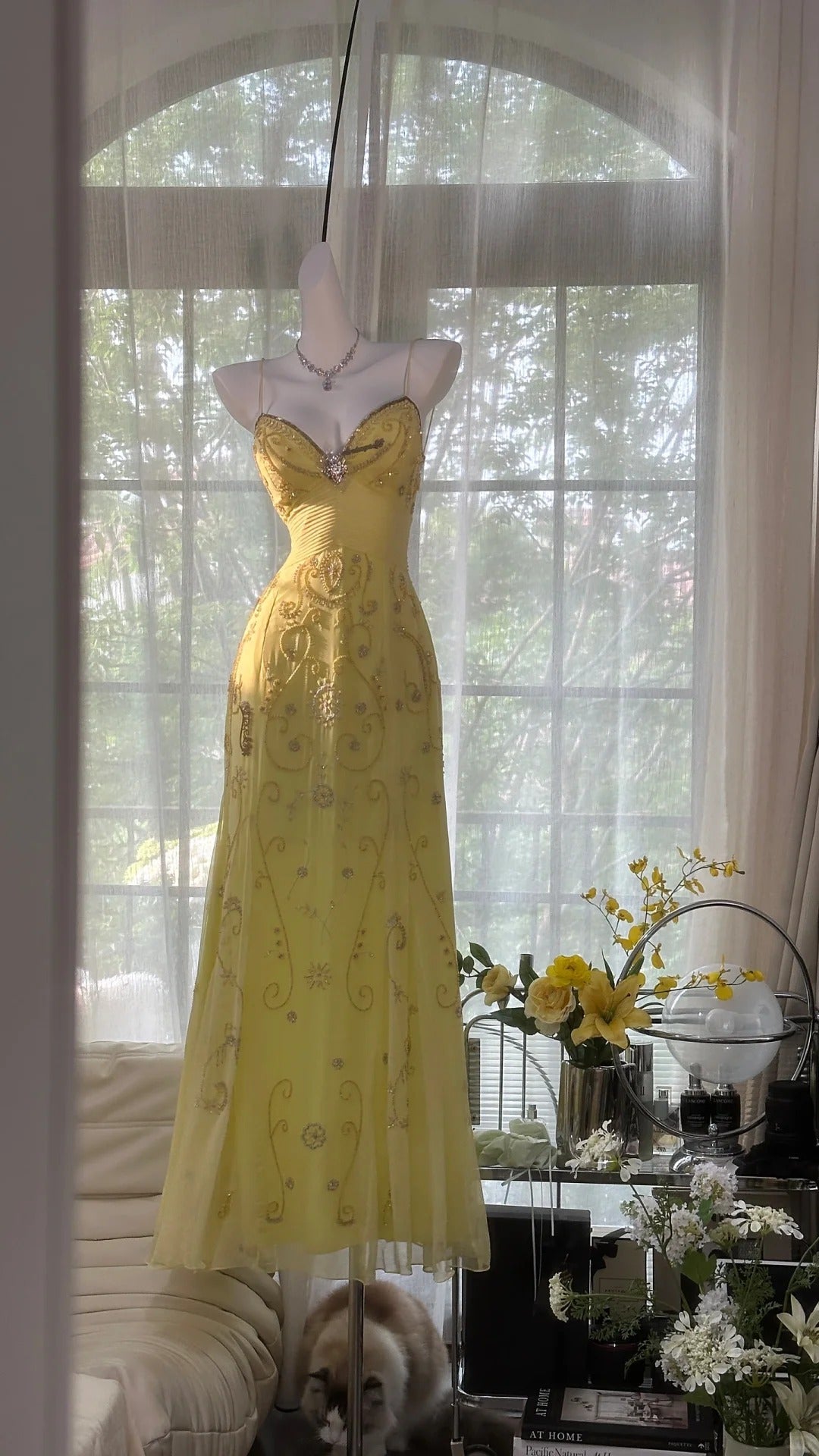 Flowy Yellow Spaghetti Strap Chiffon Beaded Mermaid Evening Gown Prom Dress