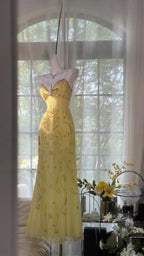 Flowy Yellow Spaghetti Strap Chiffon Beaded Mermaid Evening Gown Prom Dress