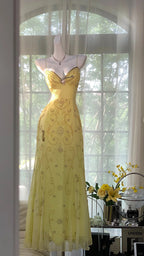 Flowy Yellow Spaghetti Strap Chiffon Beaded Mermaid Evening Gown Prom Dress