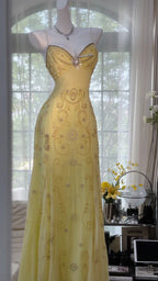 Flowy Yellow Spaghetti Strap Chiffon Beaded Mermaid Evening Gown Prom Dress