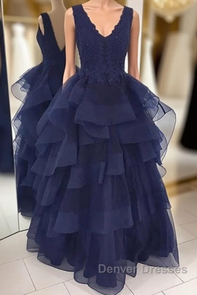 Fluffy V Neck Backless Navy Blue Lace Long Prom Dress, Open Back Navy Blue Lace Formal Dress, Navy Blue Lace Evening Dress, Ball Gown Main image