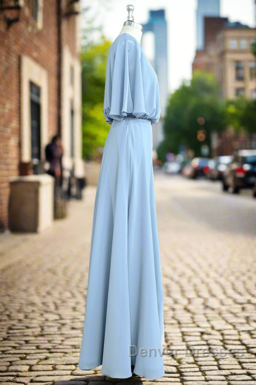 Flutter Sleeves Chiffon Sky Blue Bridesmaid Dress with Sash Bow Max Dress Secondary image