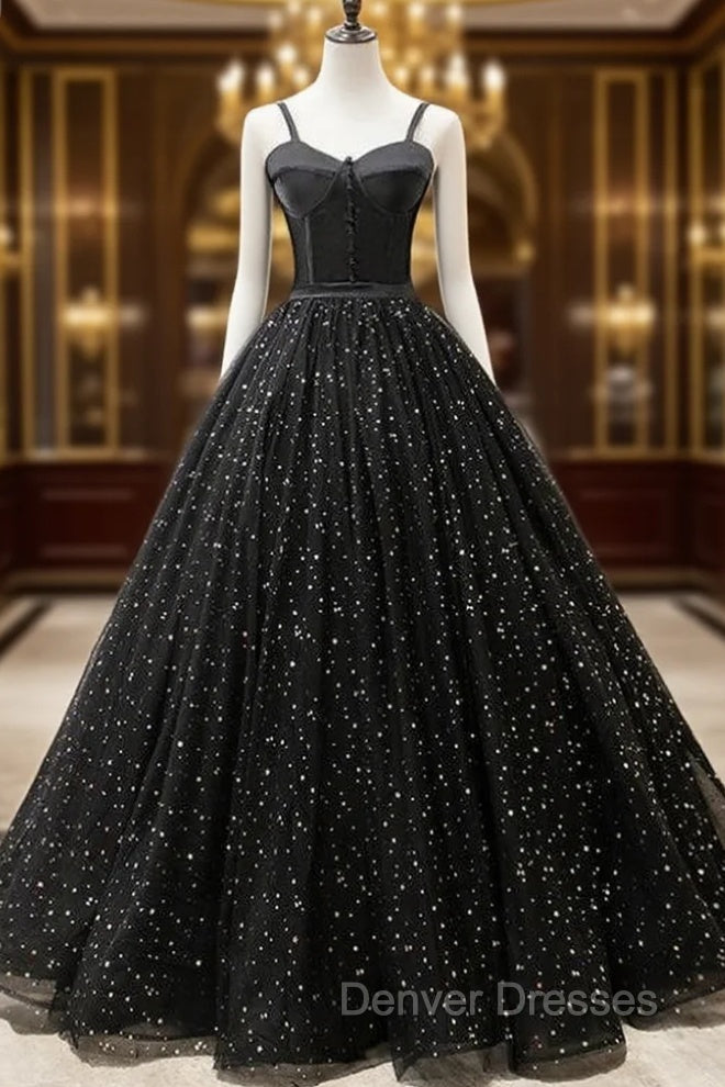 For The Very Best In Unique Or Custom. Black Ball Gown Tulle Spagehtti Straps Floor Length Quinceanera Dress Main image