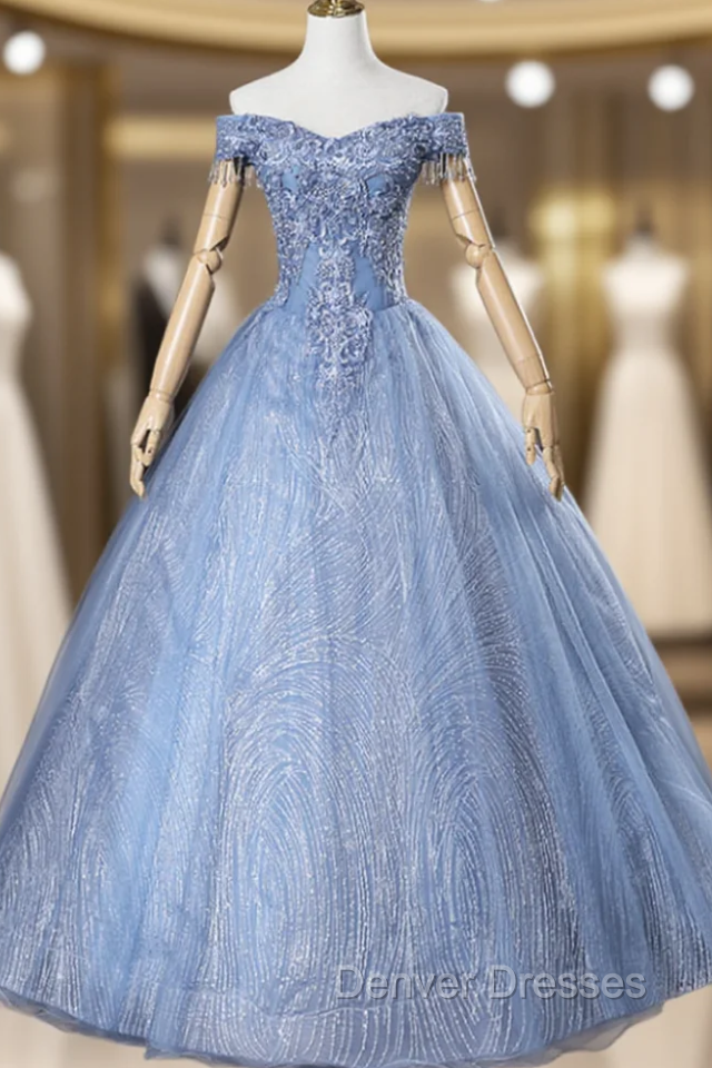 For The Very Best In Unique Or Custom. Blue Ball Gown Tulle Sequins Off the Shoulder Beading Quinceanera Dress Main image