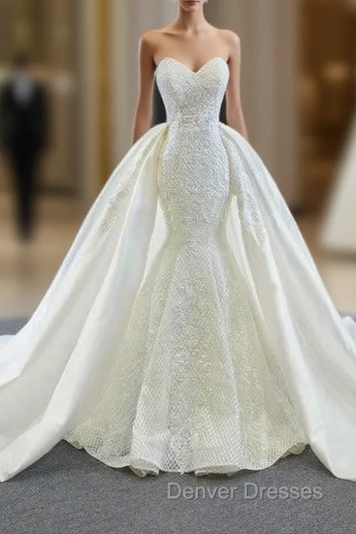For The Very Best In Unique Or Custom. White Mermaid Lace Sweetheart Satin Wedding Dress With Removable Train